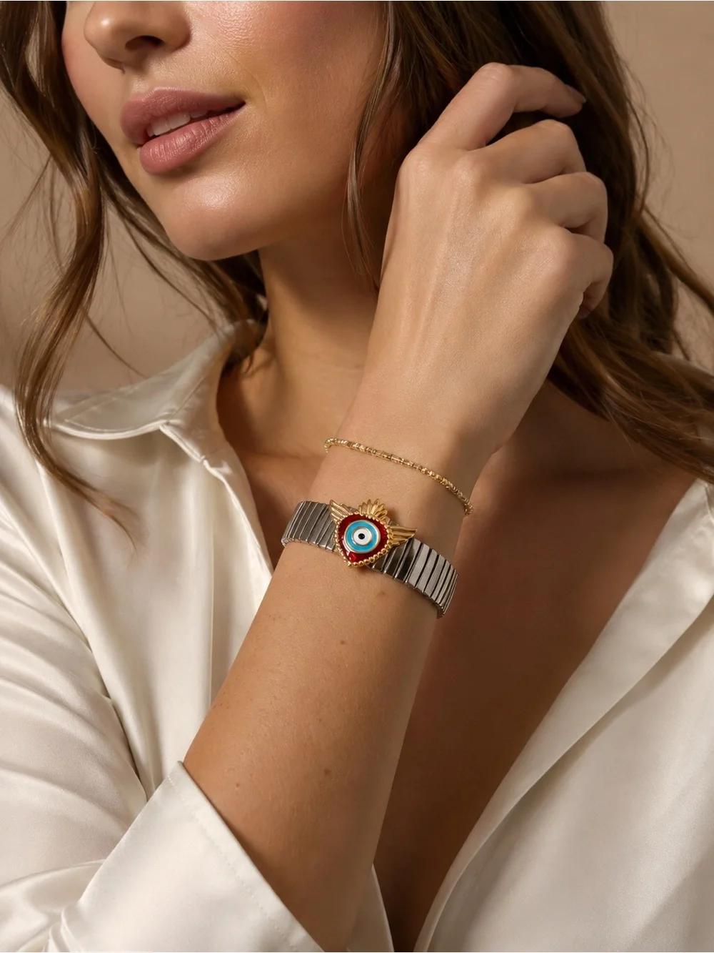Silver Stretch Bracelet with Fish and Gold Red Evil Eye Accent - Picture 2 of 4